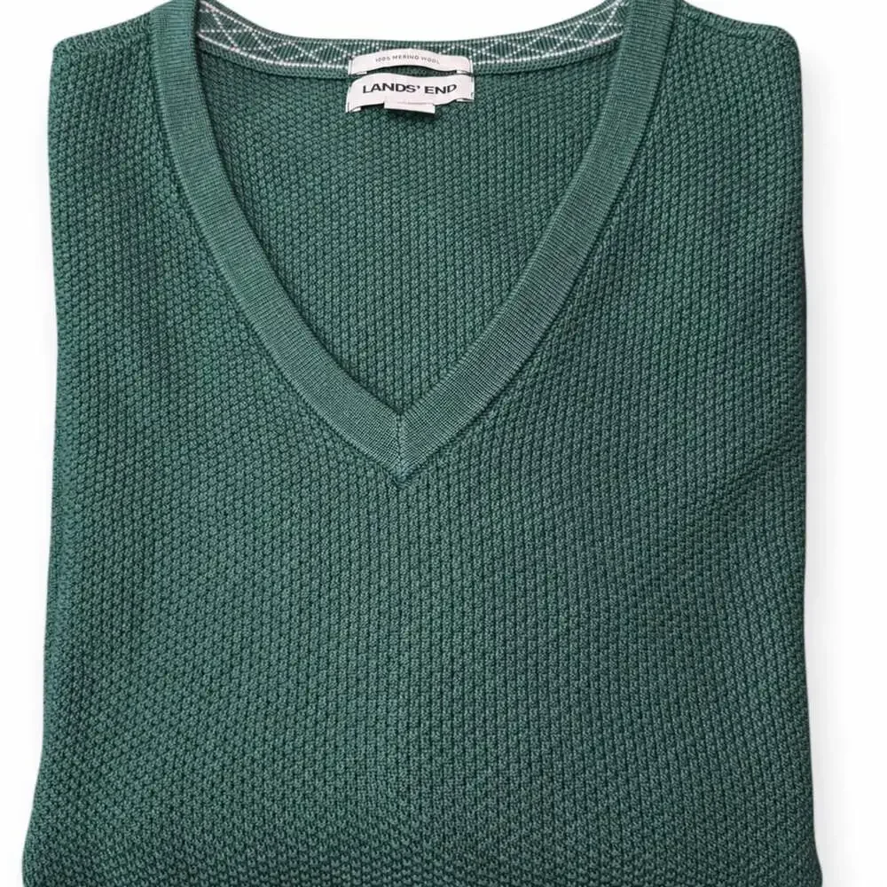 Lands’ End Men’s XL Green 100% Merino Wool V-Neck Textured Knit Sweater